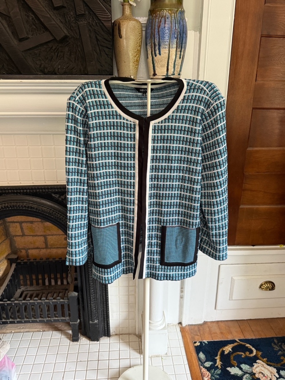 Misook Teal, Black & White Open Knit Cardigan/Jacket- worn about 5-6x 358 retail